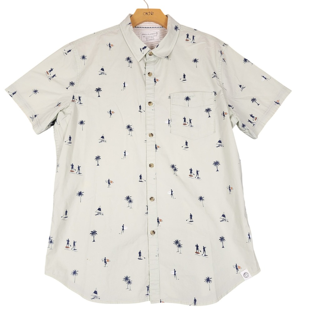 Free Planet‎ Mens XL Short Sleeve Button Down Shirt Palm Tree Surfer FN9P72MIN